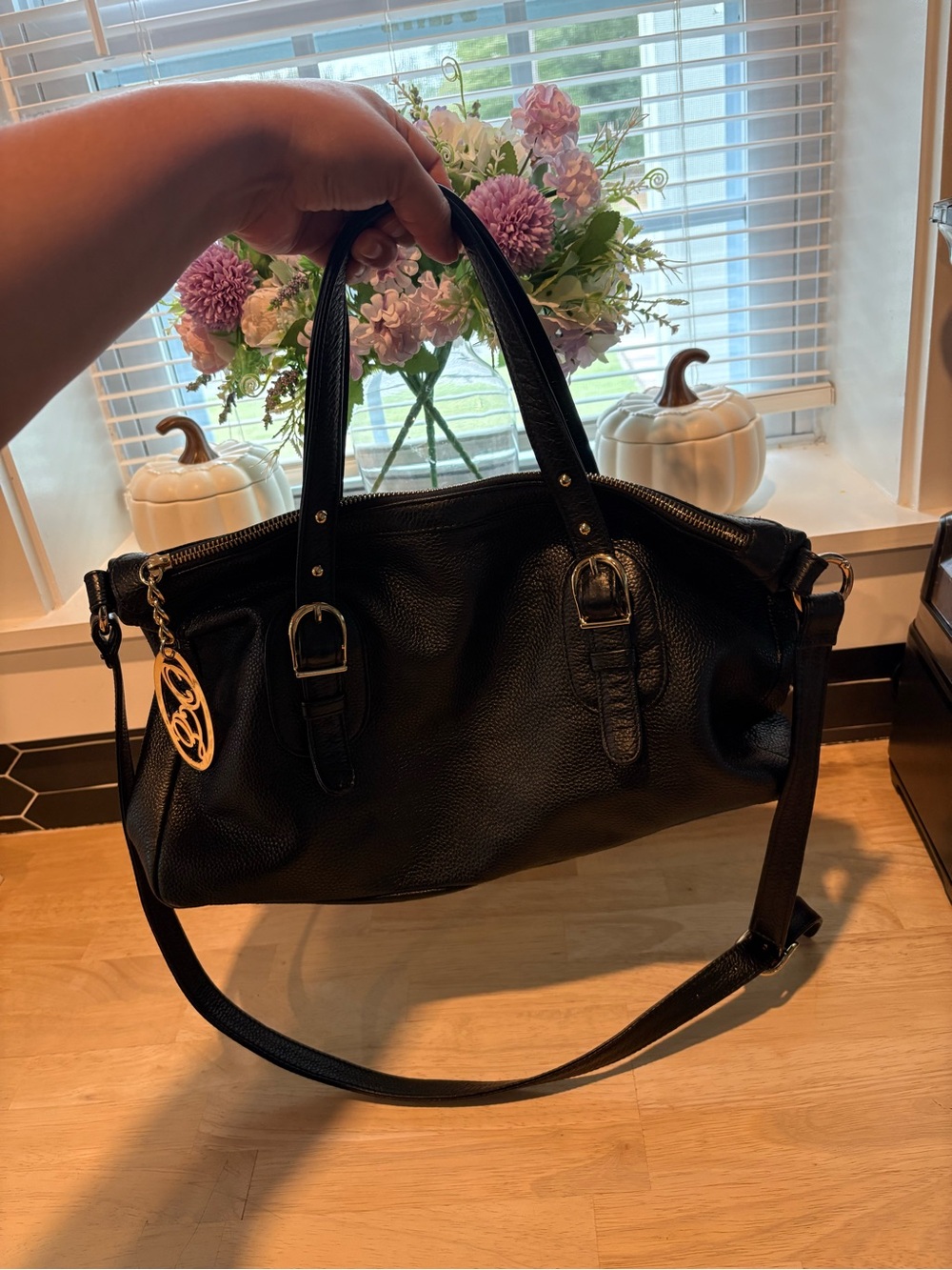 Onna Ehrlich Black Leather Shoulder Tote with Gold Logo Charm